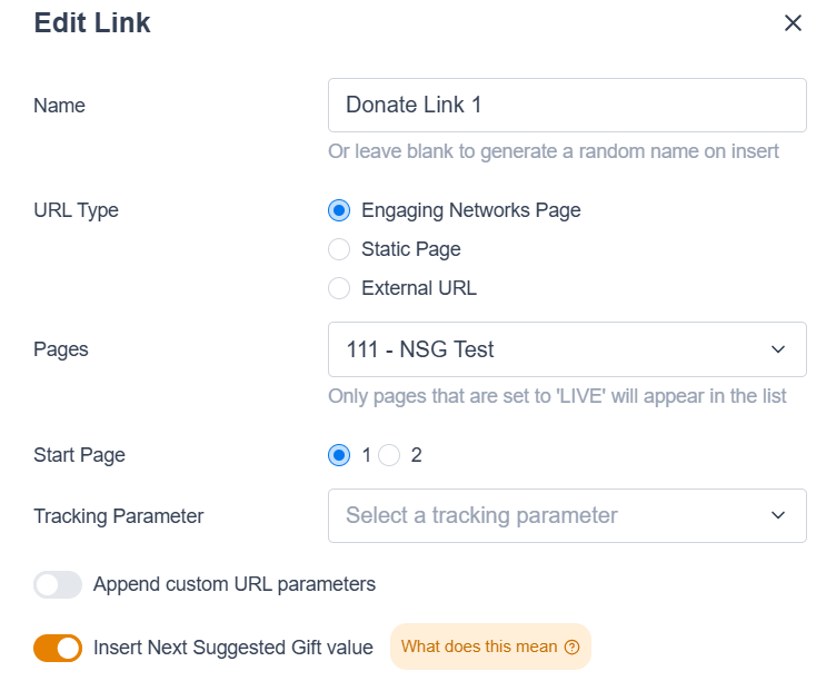 Picture of the page link editor in marketing tools - broadcasts