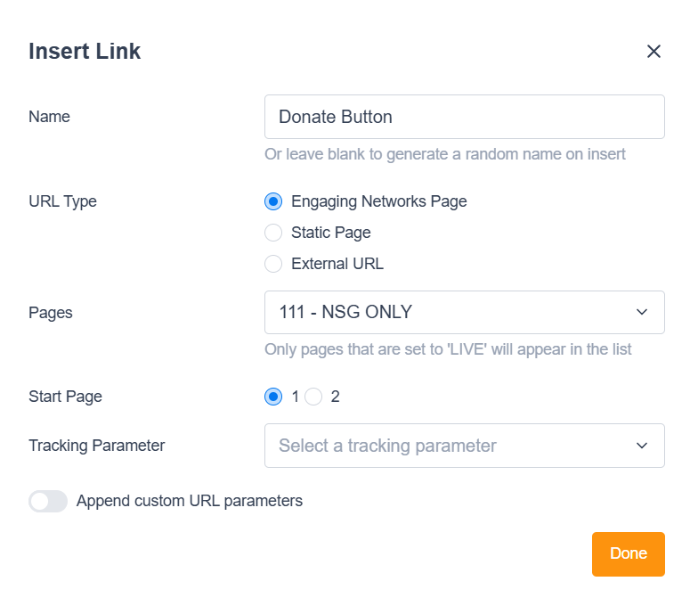 Picture of the link editor in marketing tools - broadcasts when making a button link