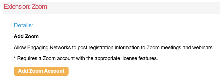 Picture of add zoom extension setting in Engagingn Networks.