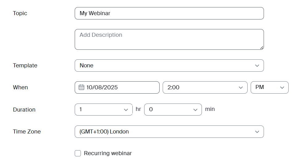 Picture of webinar settings in Zoom