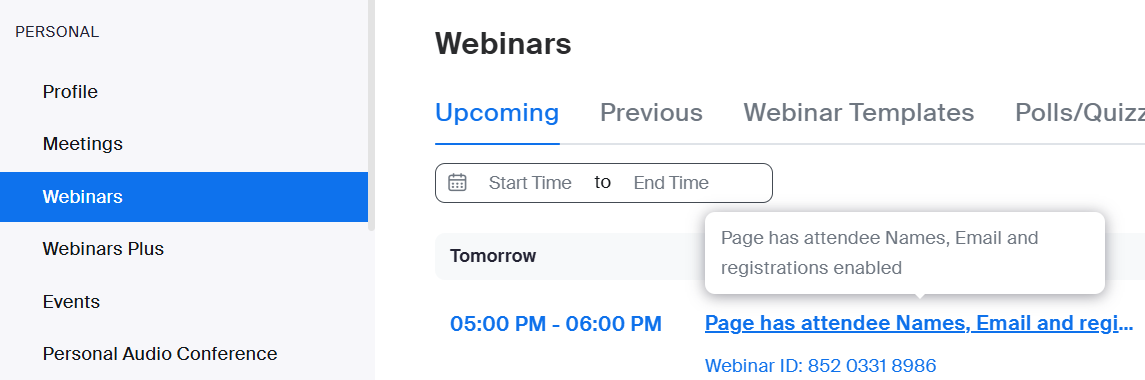 Picture of upcoming webinars in Zoom