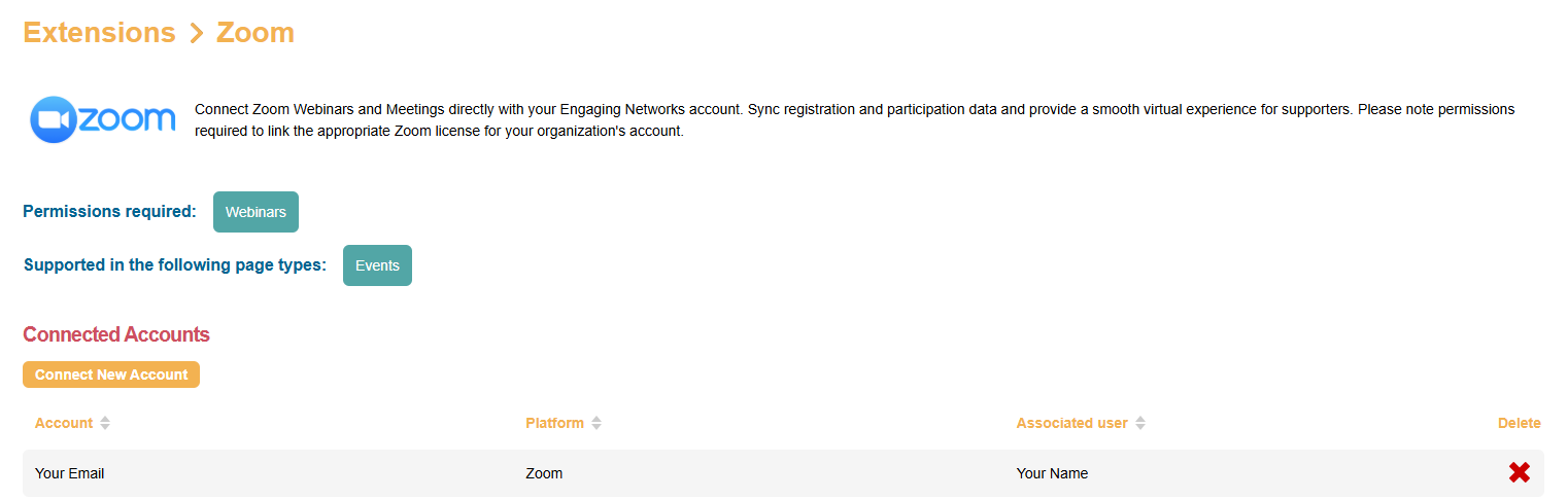 Picture of the Zoom Extension connection in Engaging Networks