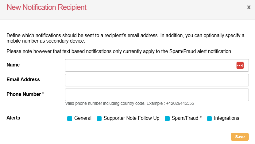 Image of 'New Notification Recipient' menu in Engaging Networks