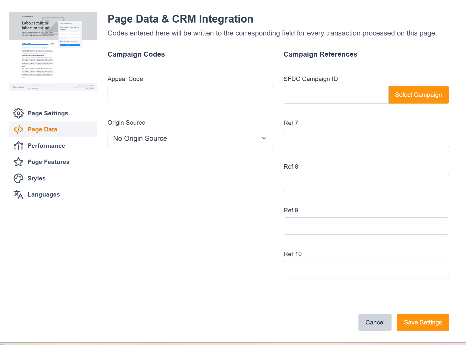 Image of the Page Data Settings Page