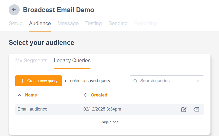 Image of the marketing tools broadcast audience legacy segments screen in Engaging Networks