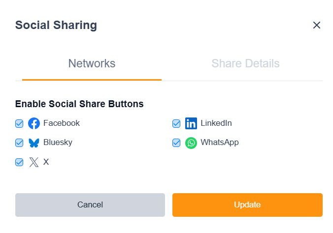 Social Sharing Networks Tab, all channels enabled