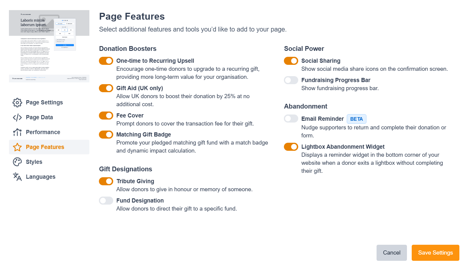 Image of the page features screen