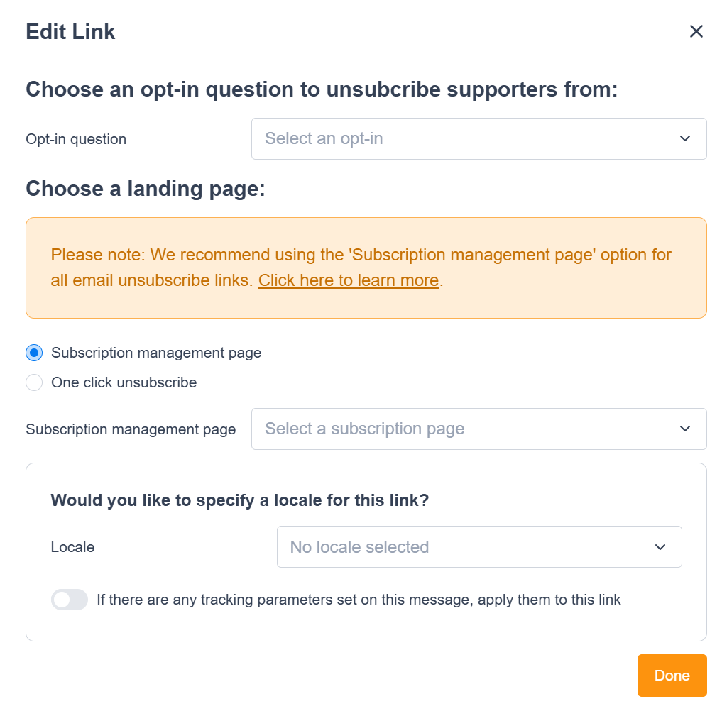 Edit unsubscribe link pop-up menu