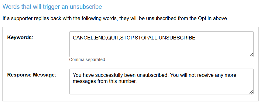 Words that will trigger an unsubscribe screen 