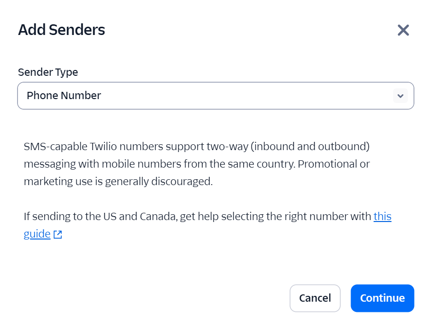 Add sender type menu in Twilio