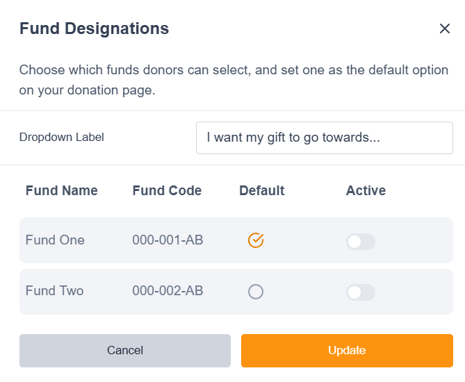 Image of fund designation menu on the page builder
