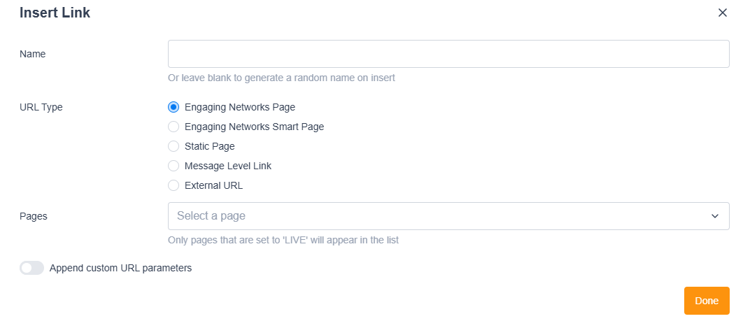 Image of the insert link screen