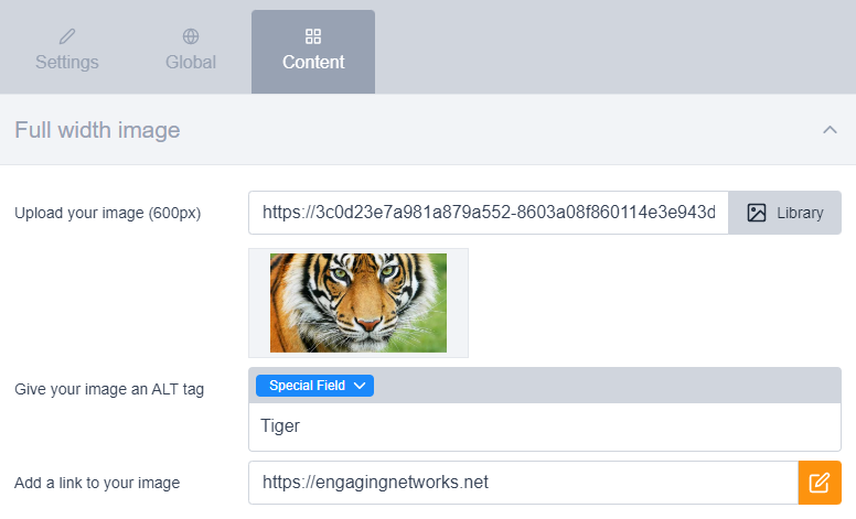 Example of full width image content menu editor options
