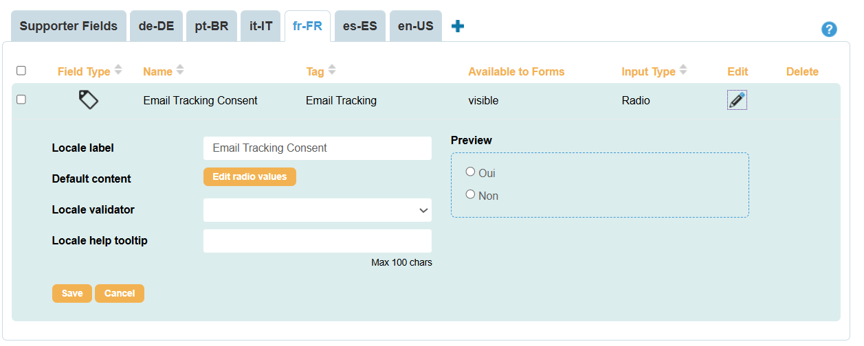 Email tracking field setup in French locale