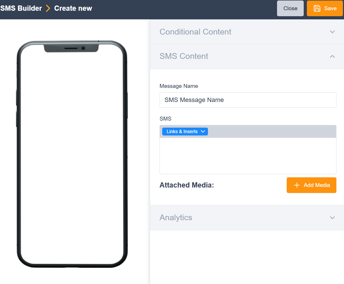 Image of the SMS builder screen