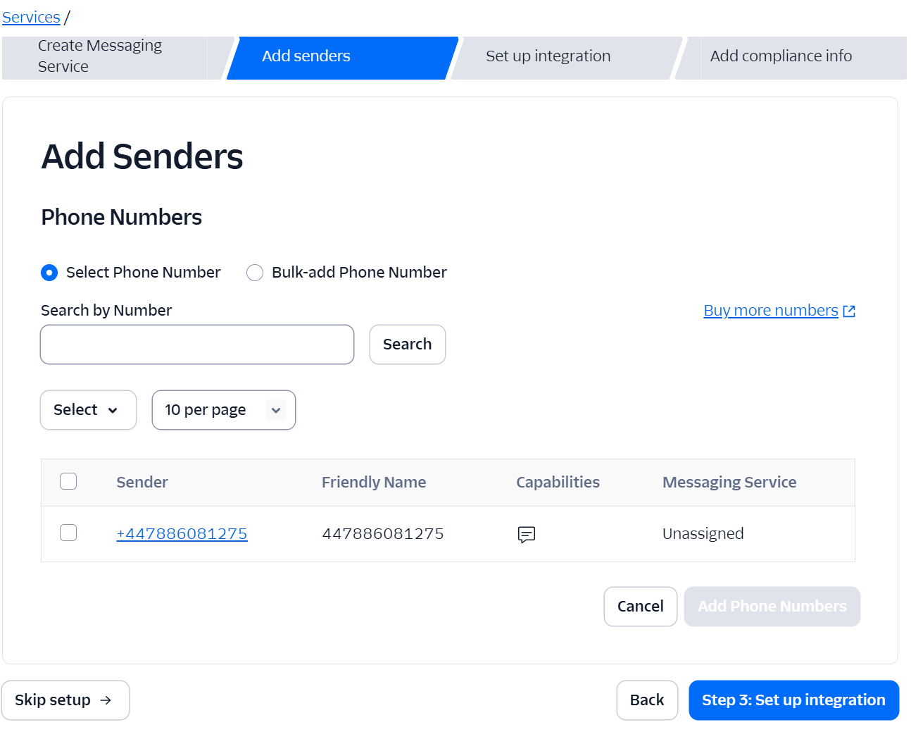 Phone number selection screen in Twilio