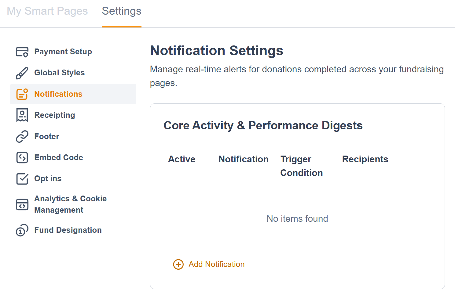 Add notification menu in smart pages settings
