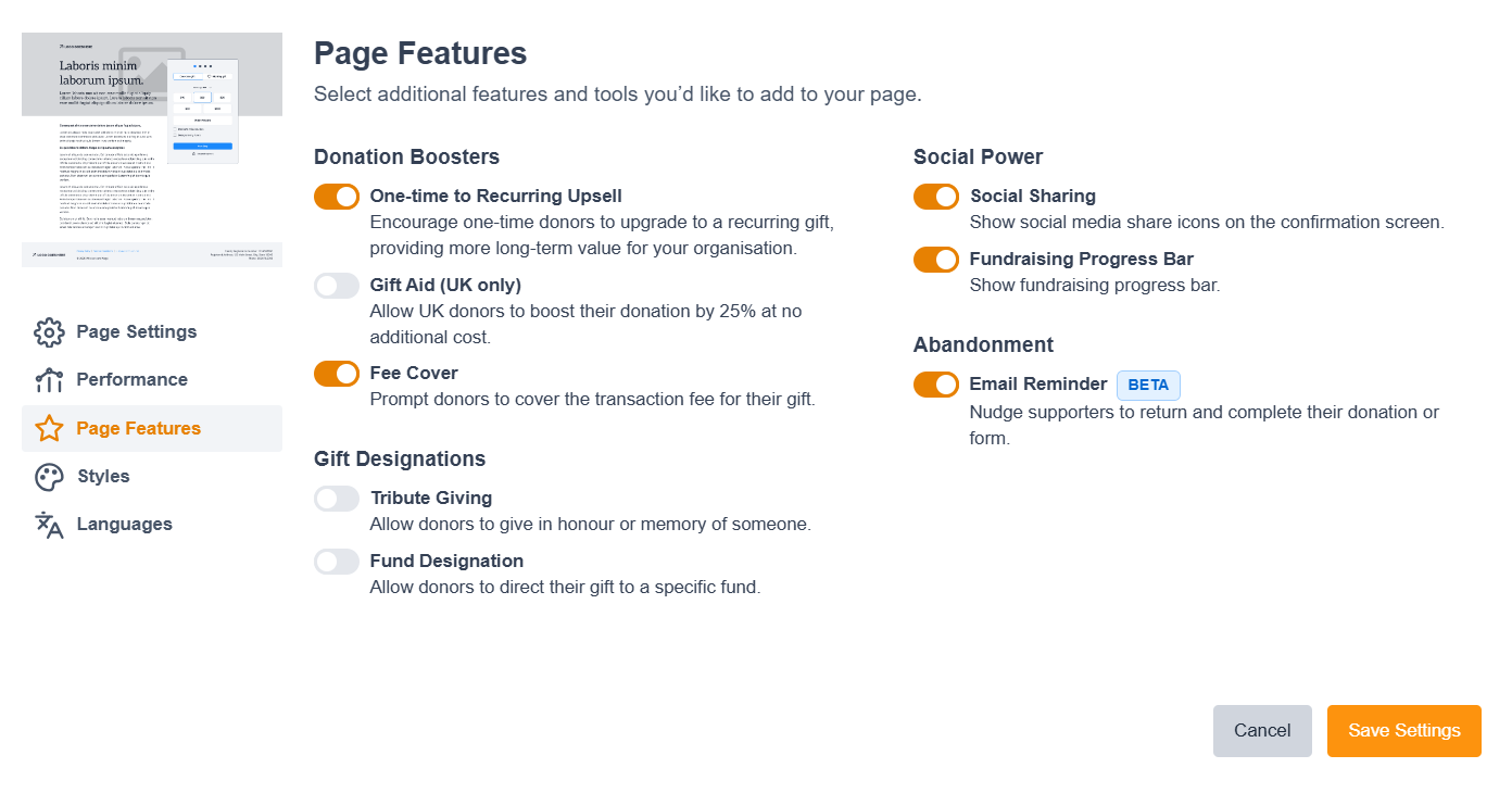 Image of the page features screen