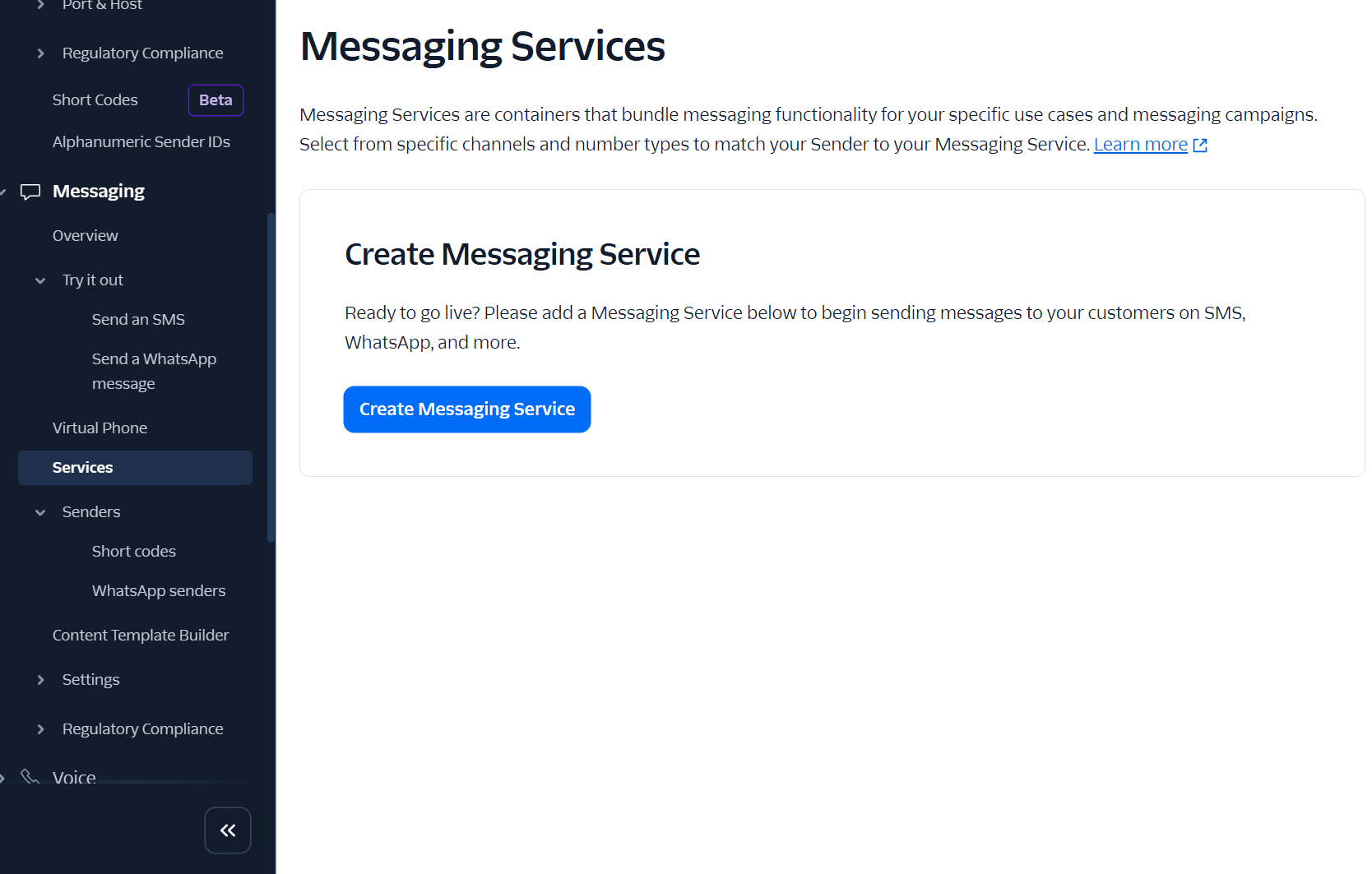 Messaging services setup screen in Twilio