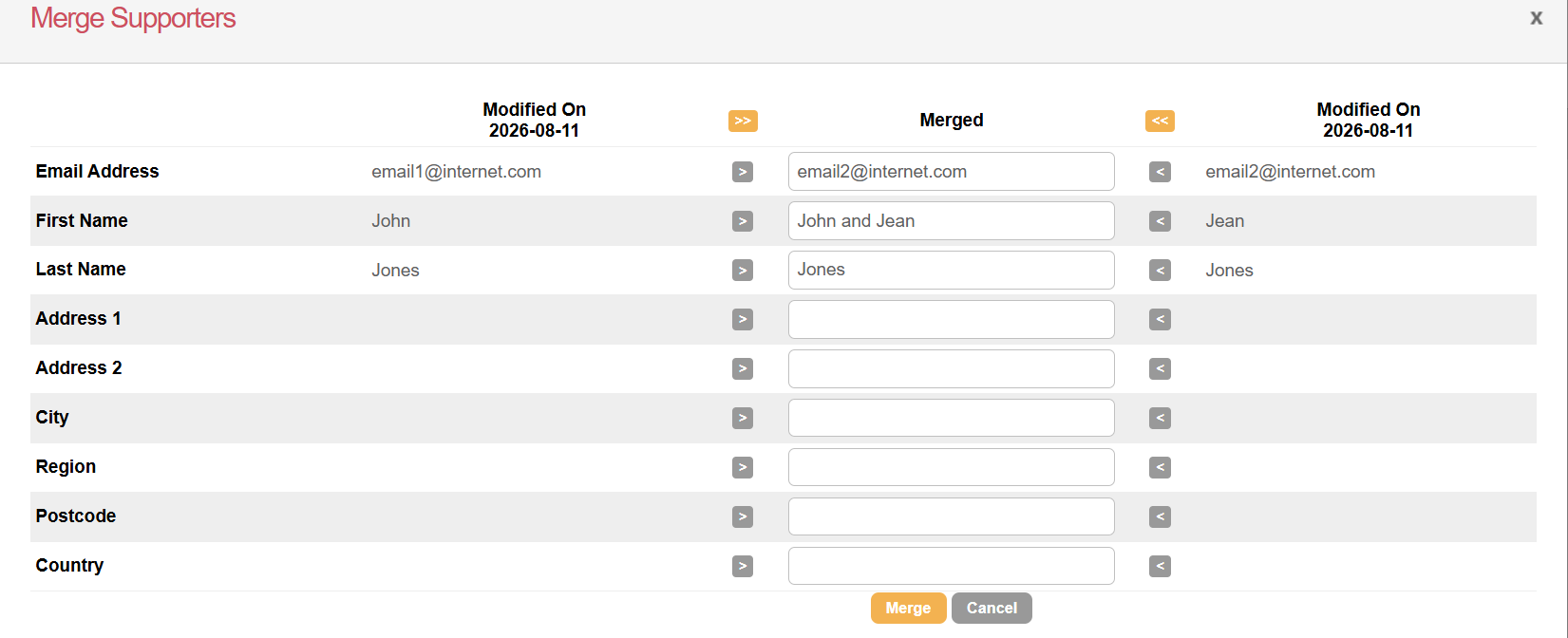 Image of the merge field screen