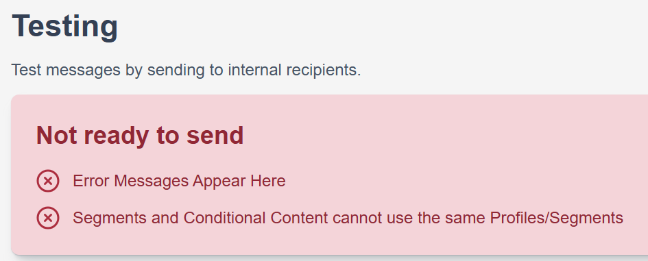 Testing screen showing error messages