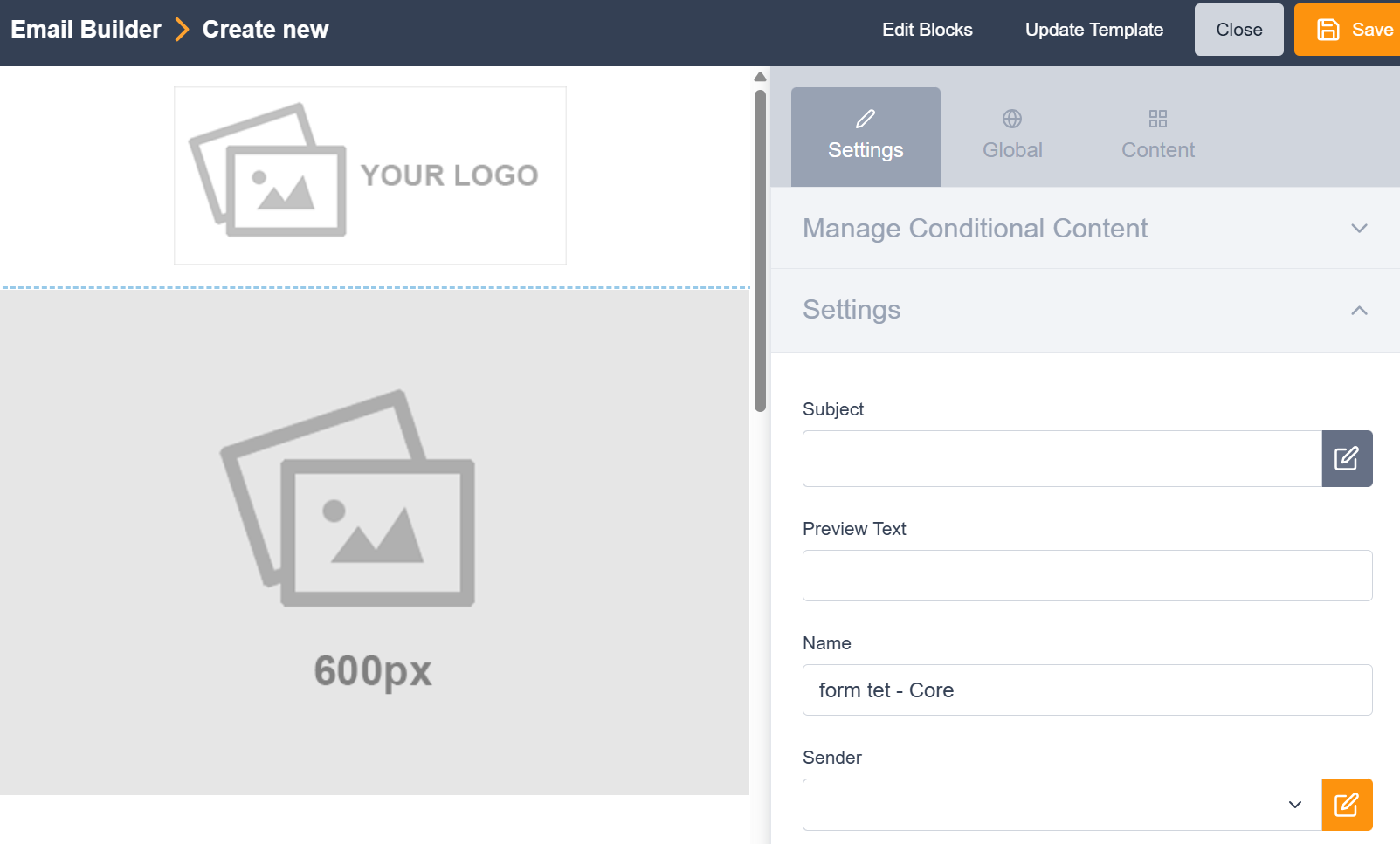 Image of the marketing tools setting tab in the Engaging Networks email builder