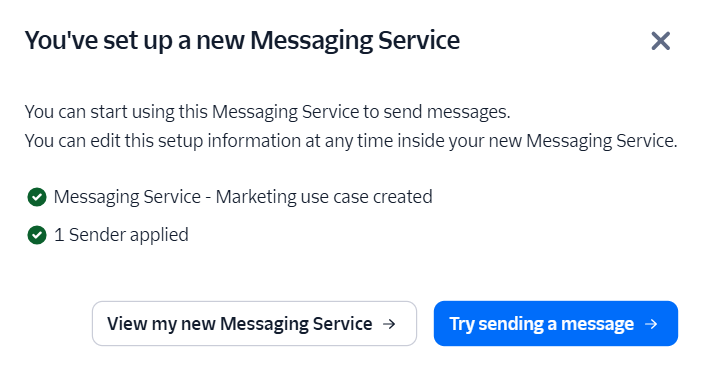 Messaging service setup completion message in Twilio