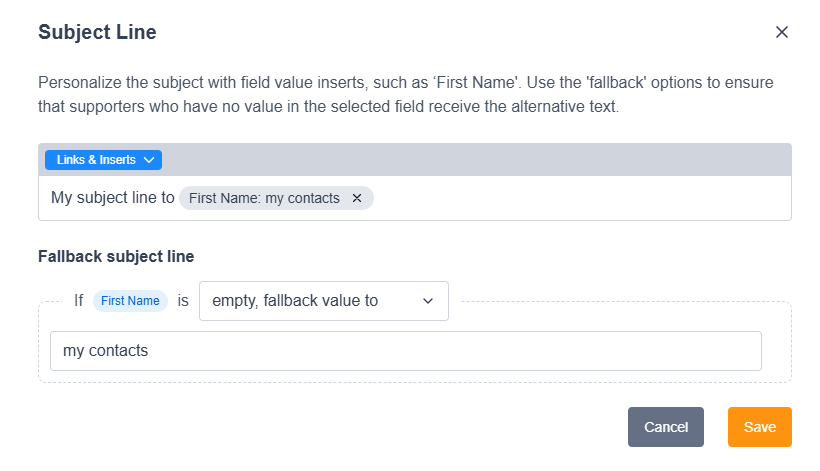 Image of the subject line with a field insert and the fallback option