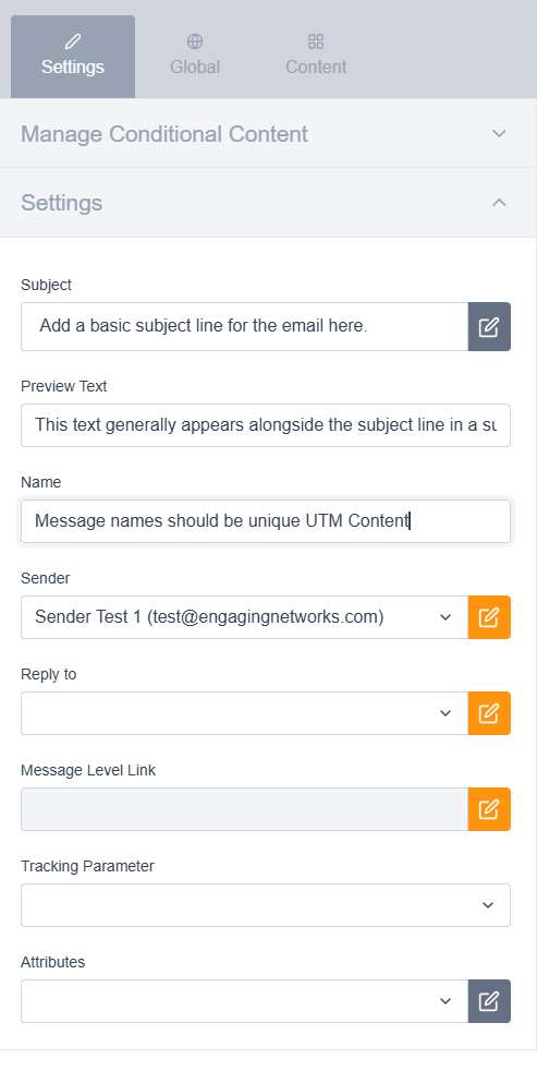 Close up image of the marketing tools setting tab in the Engaging Networks email builder