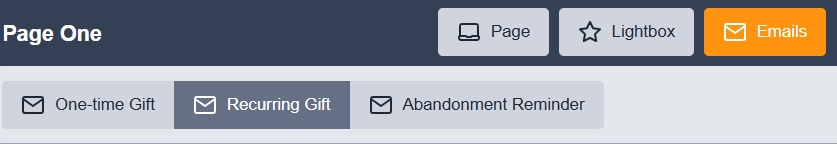 Image of the email editor selected showing the one time, recurring and abandonment email options