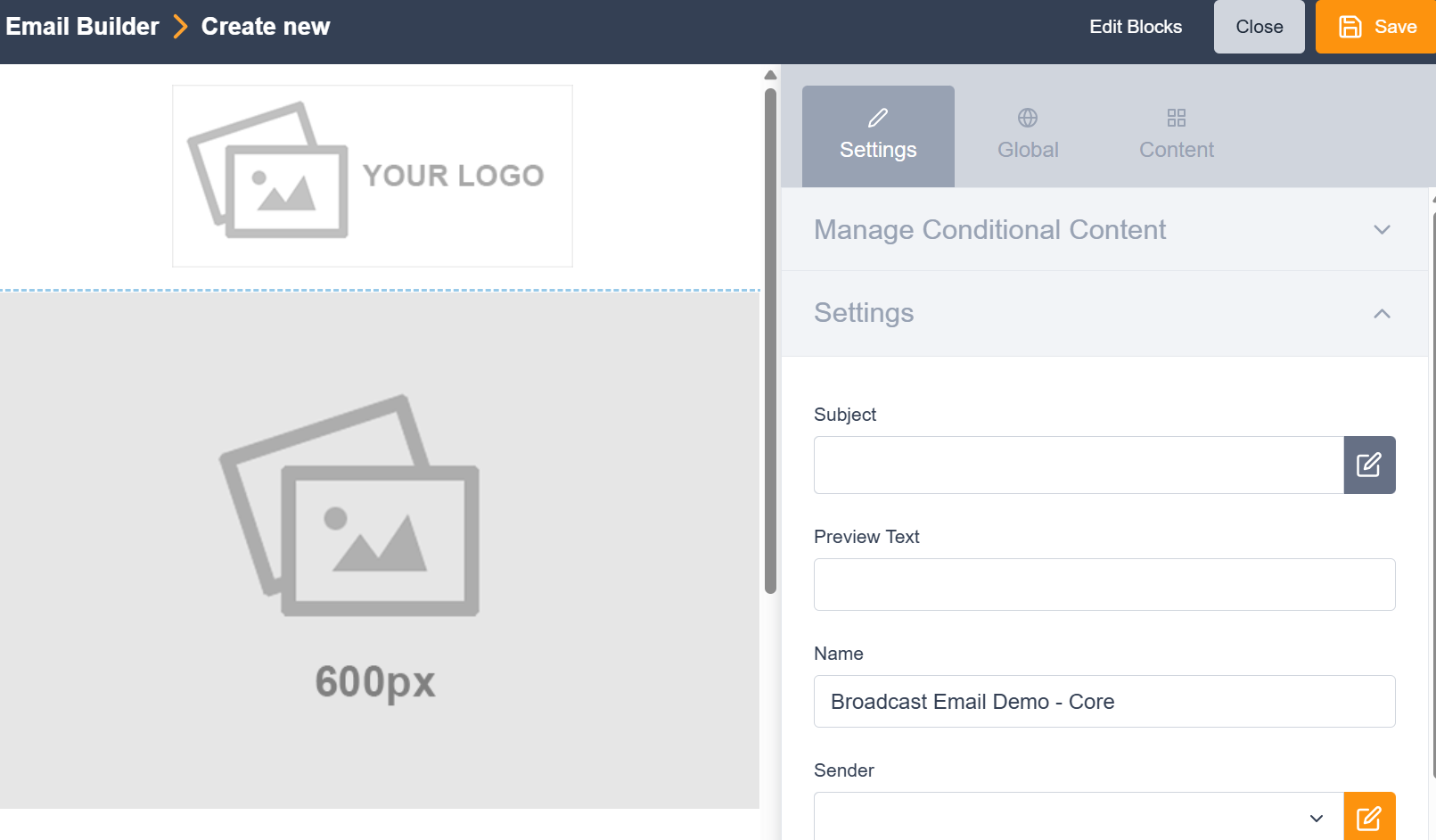 Image of the marketing tools setting tab in the Engaging Networks email builder