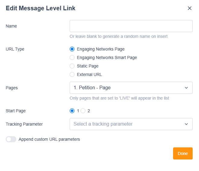 Edit message level link pop up screen