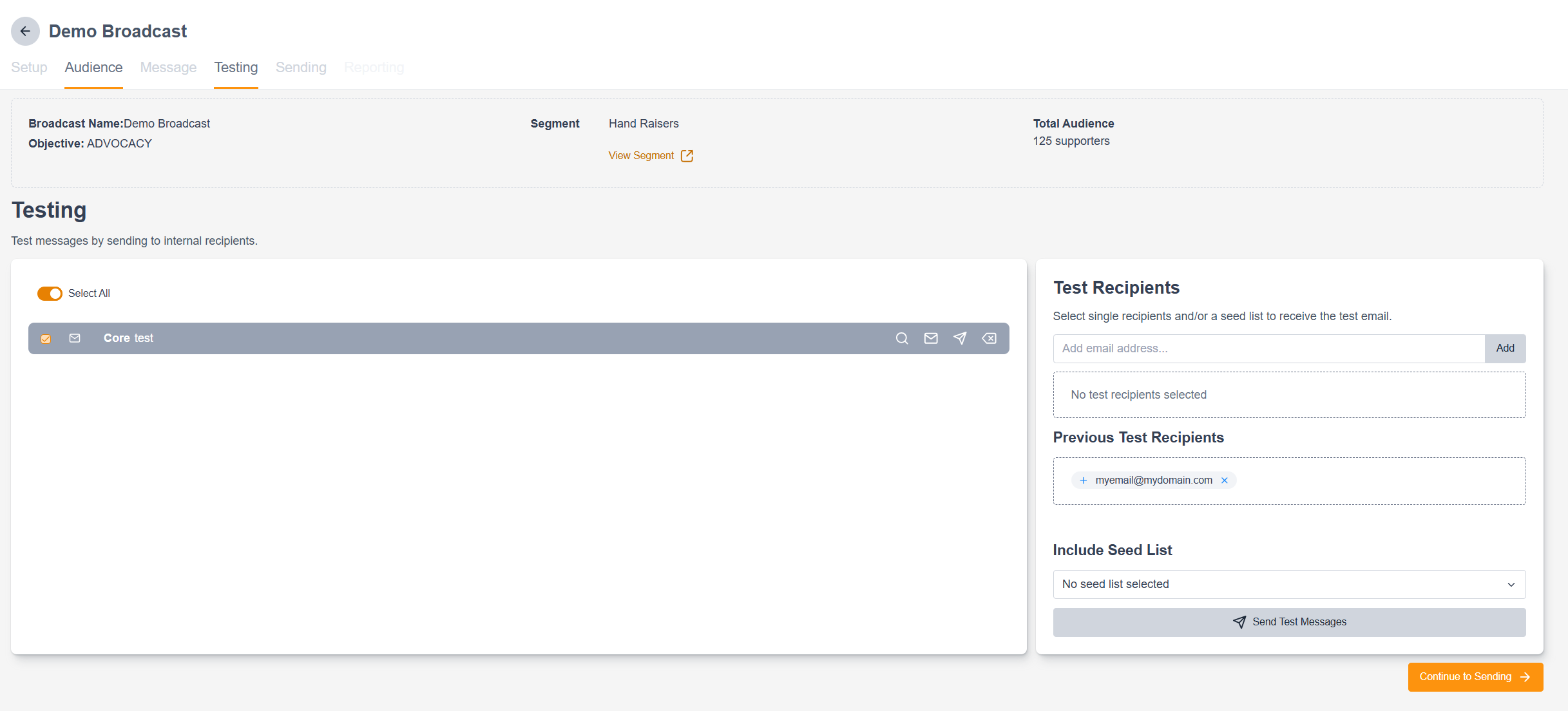 Image of testing screen on marketing tools broadcast
