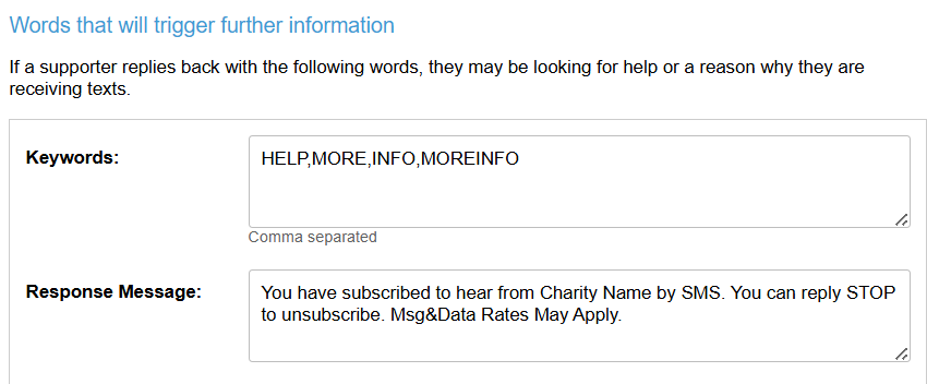 Words that will trigger further information screen