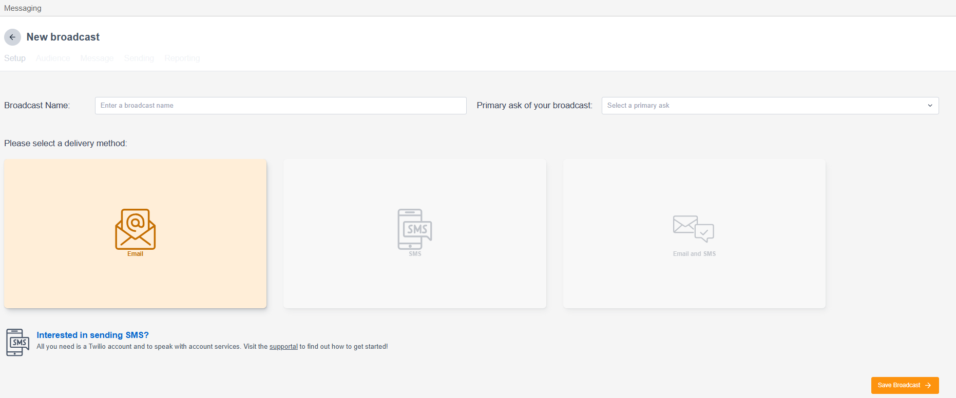 Image of the marketing tools broadcast setup screen in Engaging Networks